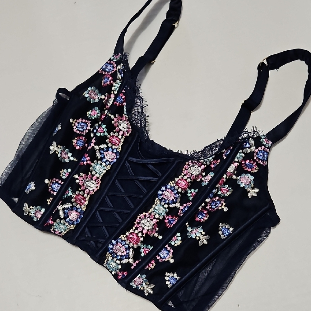 Embroidered Navy Blue Floral Bustier Front Closure Bralette Size S